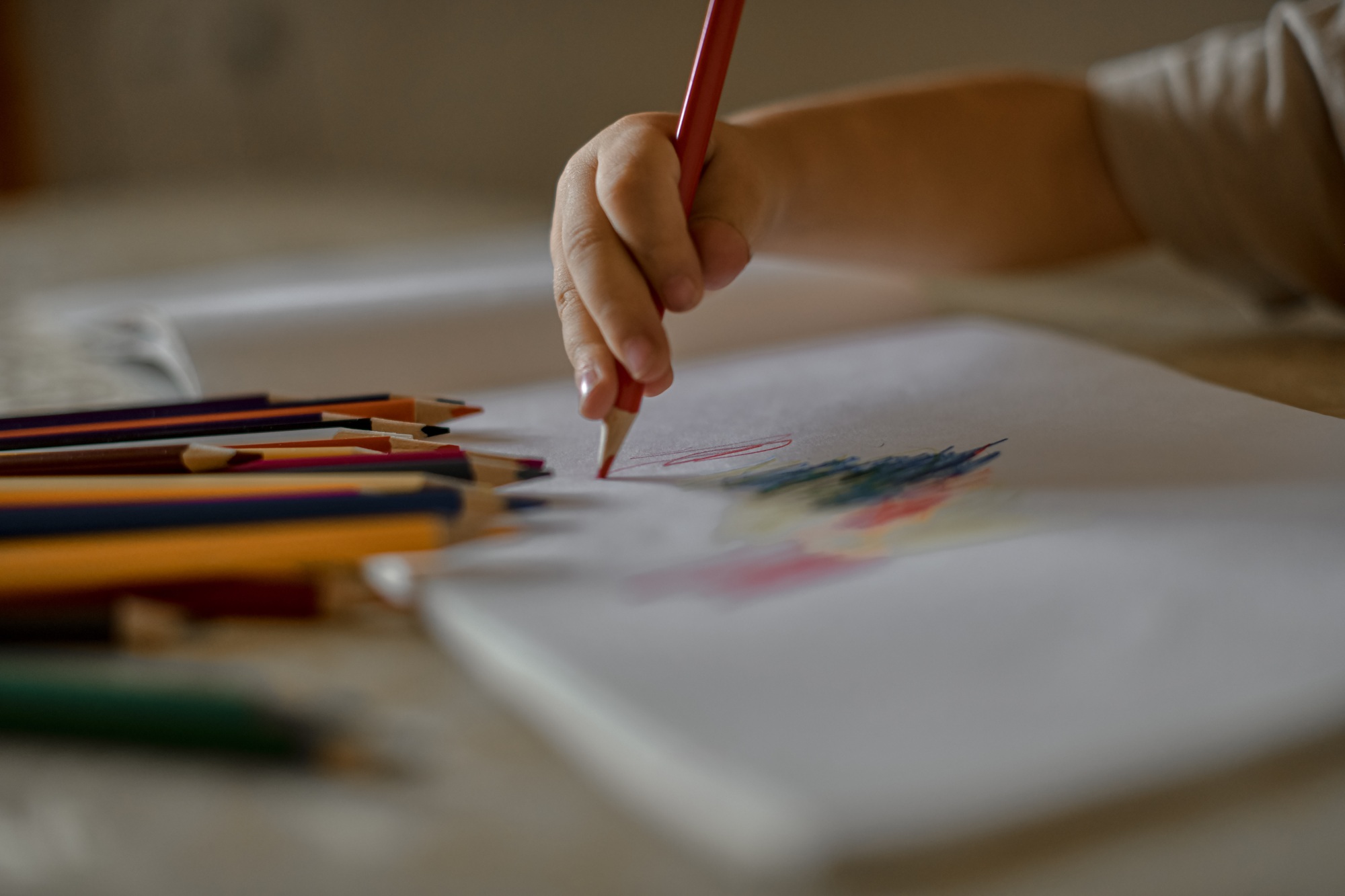 Details. A child's hand drawing with colored pencils. Children's drawing