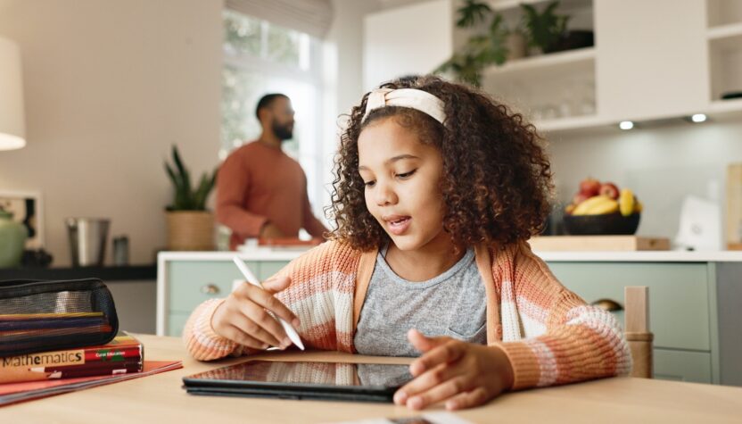 Girl child, home and drawing on tablet for homeschool, learning and growth or development of motor