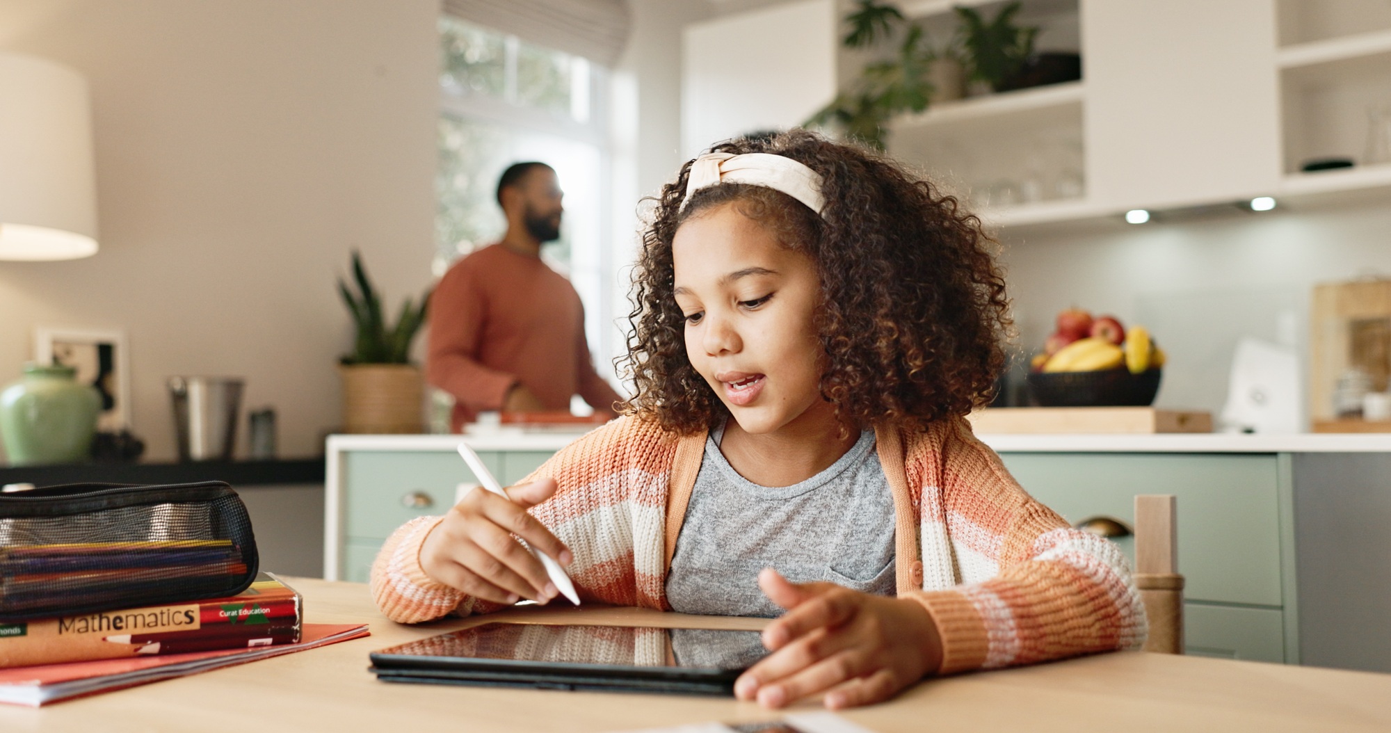 Girl child, home and drawing on tablet for homeschool, learning and growth or development of motor