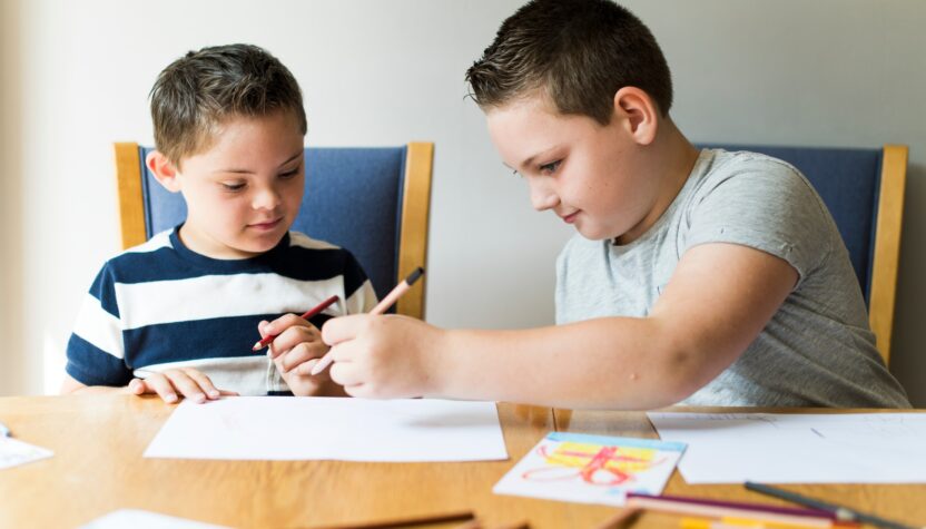 Cute brothers drawing at a table
