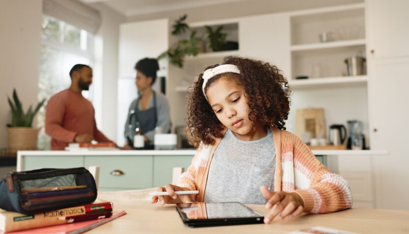 Girl child, house and drawing on tablet for homeschool, learning and growth or development of motor