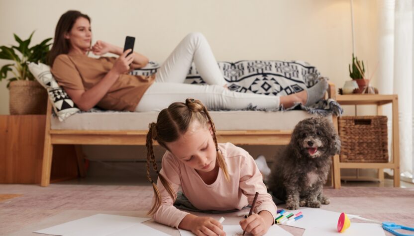 Girl with Dog Drawing Pictures