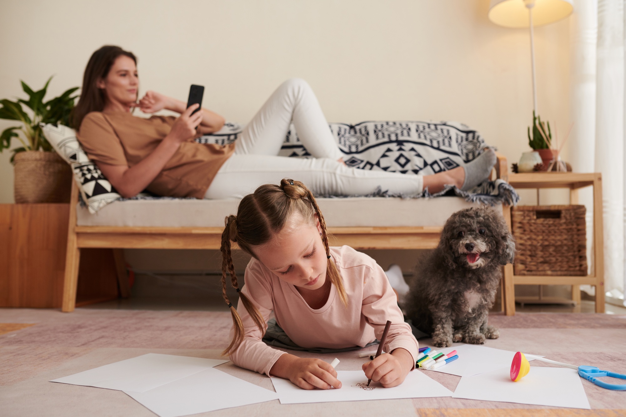Girl with Dog Drawing Pictures
