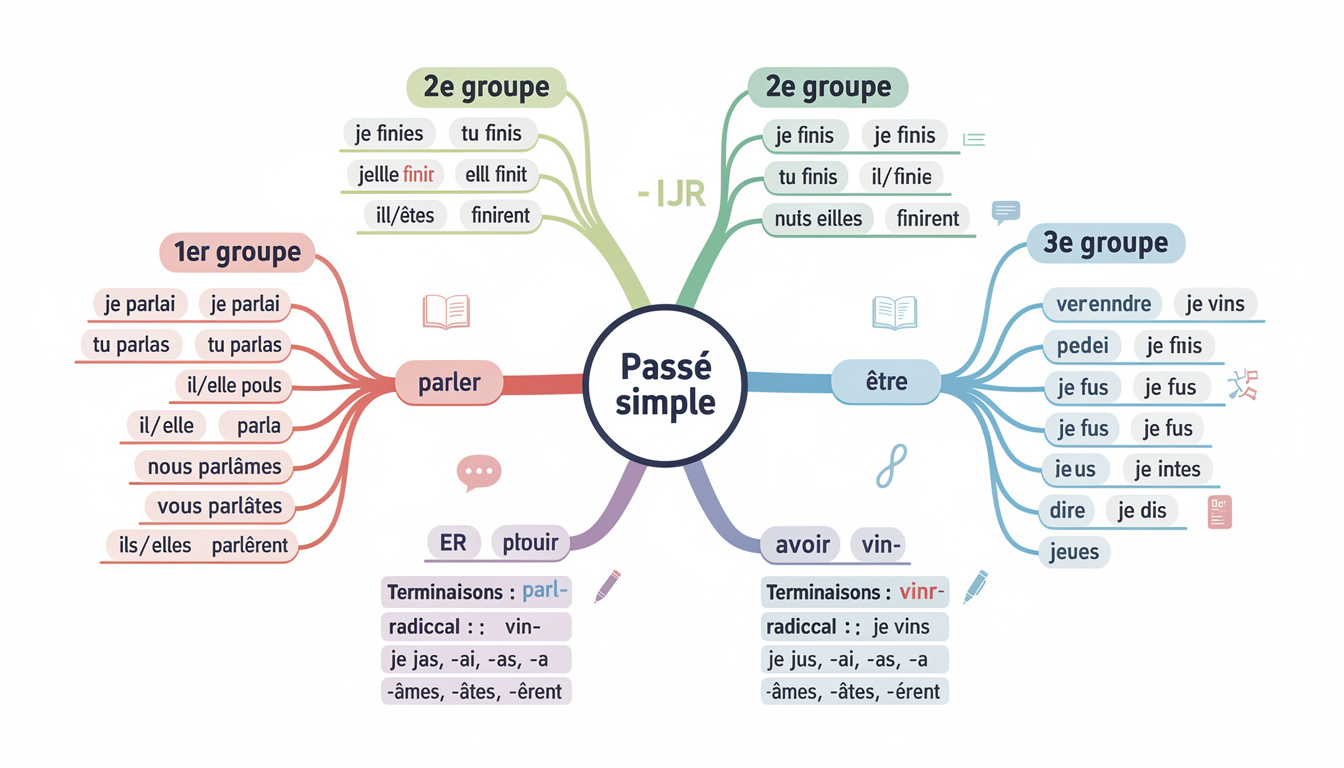 améliorez votre maîtrise du passé simple en français grâce à une carte mentale claire et efficace pour un apprentissage facilité.