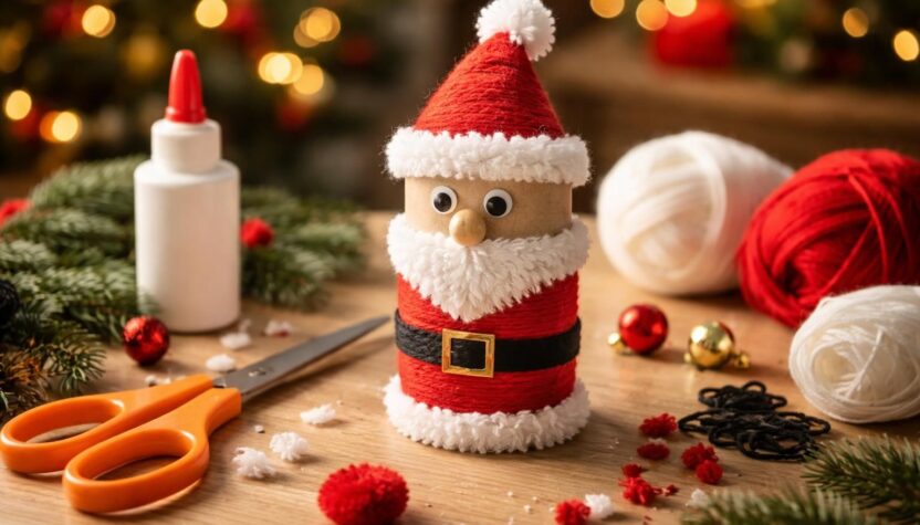 apprenez à fabriquer un père noël original et écologique avec un rouleau de papier toilette et de la laine, idéal pour décorer votre maison pendant les fêtes.