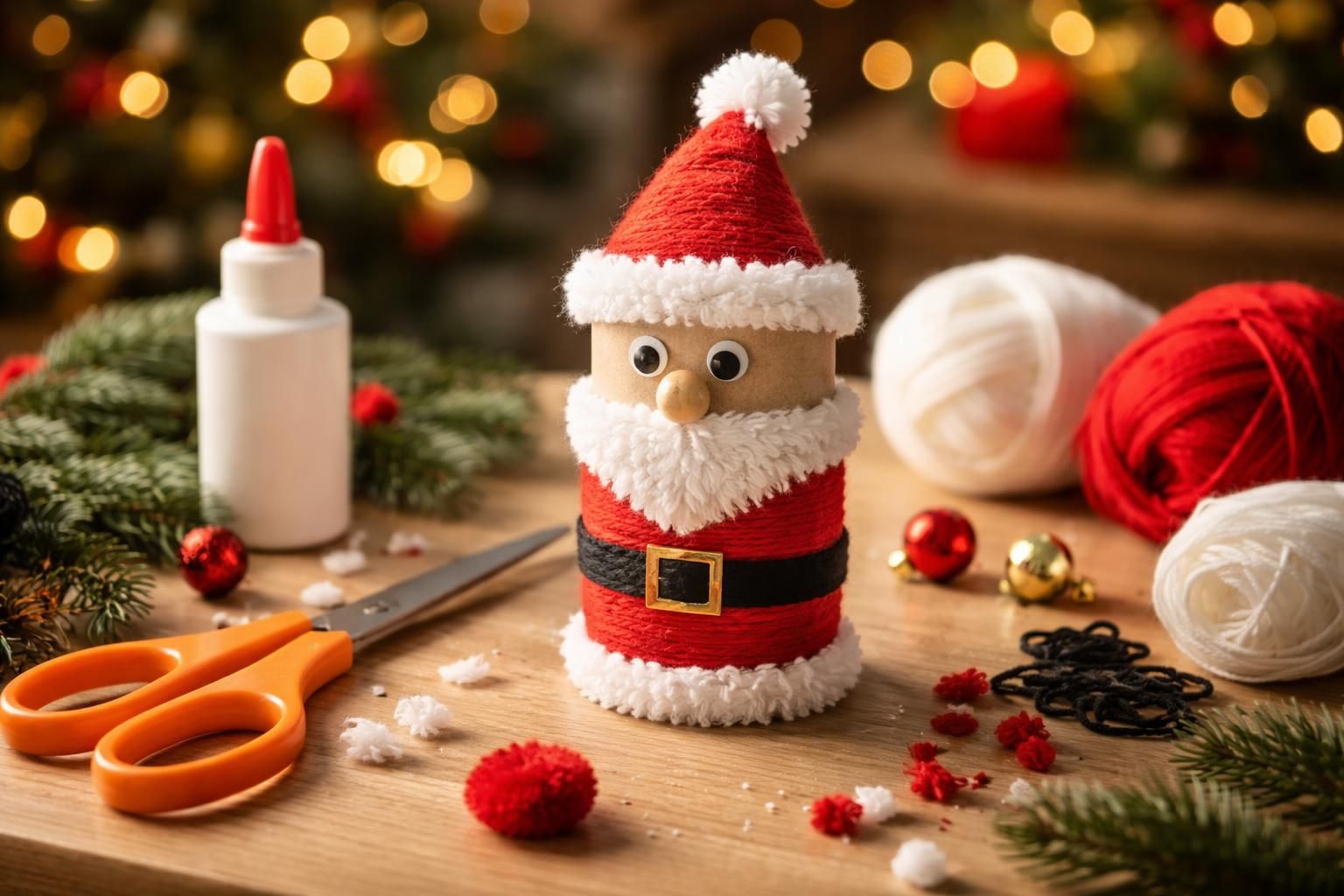 apprenez à fabriquer un père noël original et écologique avec un rouleau de papier toilette et de la laine, idéal pour décorer votre maison pendant les fêtes.