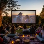 découvrez l'écran de projection extérieur idéal pour un cinéma de jardin, parfait pour divertir les ados lors de soirées en plein air.