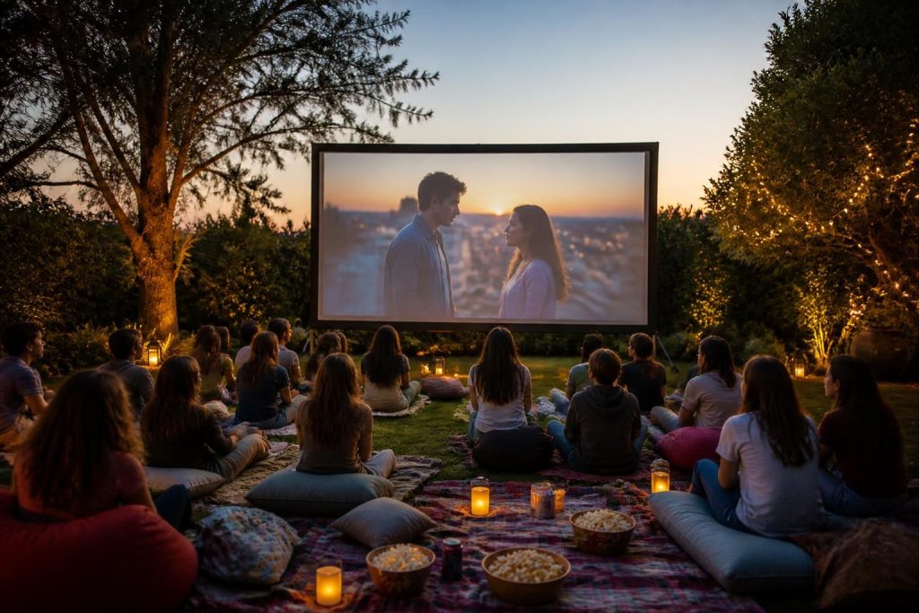découvrez l'écran de projection extérieur idéal pour un cinéma de jardin, parfait pour divertir les ados lors de soirées en plein air.