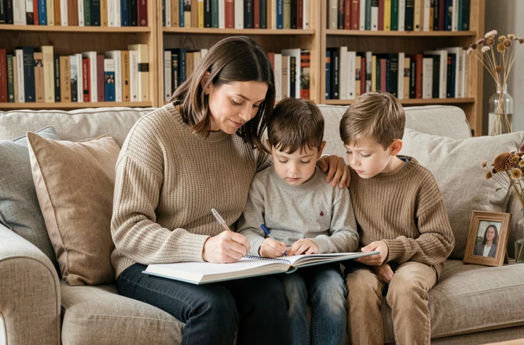 Une femme adulte accompagne deux jeunes enfants dans l'écriture d'un poème en souvenir de leur mère disparue, assis ensemble sur un canapé avec un journal partagé