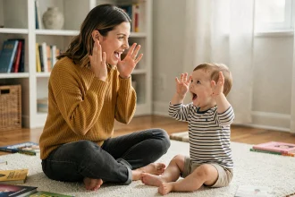 Une jeune femme apprend la chanson Trois Petits Chats à un petit enfant assis sur un parquet en bois dans un salon chaleureux