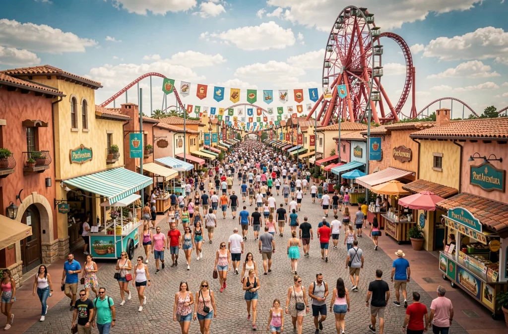 Avenue animée du parc PortAventura avec foule de visiteurs et décors thématiques méditerranéens