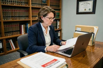 Avocate examinant des dossiers juridiques liés au scandale de l'agence d'adoption European Adoption Consultants