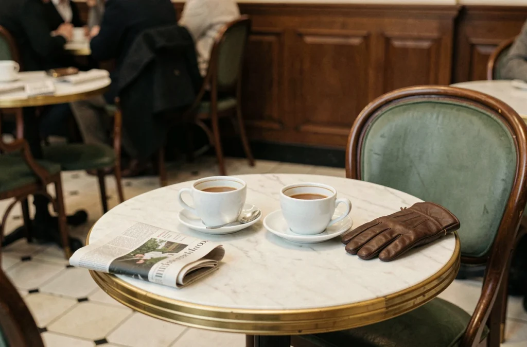 Deux tasses de café vides sur une table de brasserie parisienne évoquant une rencontre discrète et intime