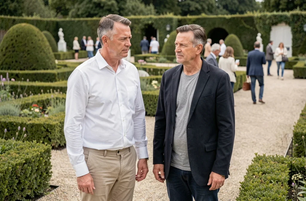 Deux hommes en couple lors d'un événement culturel en jardin français, apparition publique sobre et élégante