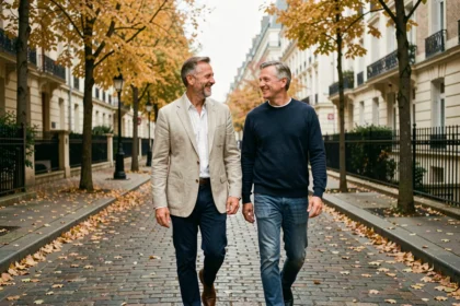 Deux hommes en couple se promenant dans une rue parisienne en automne, apparition publique rare et naturelle