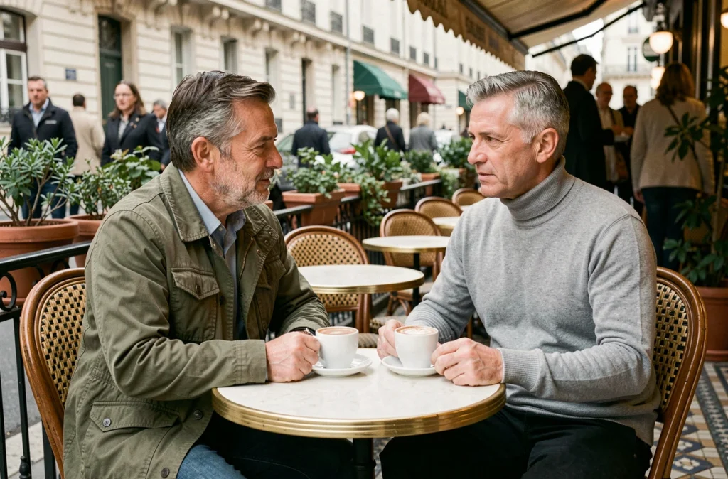 Couple masculin attablé en terrasse de café parisien, moment de complicité discret et naturel