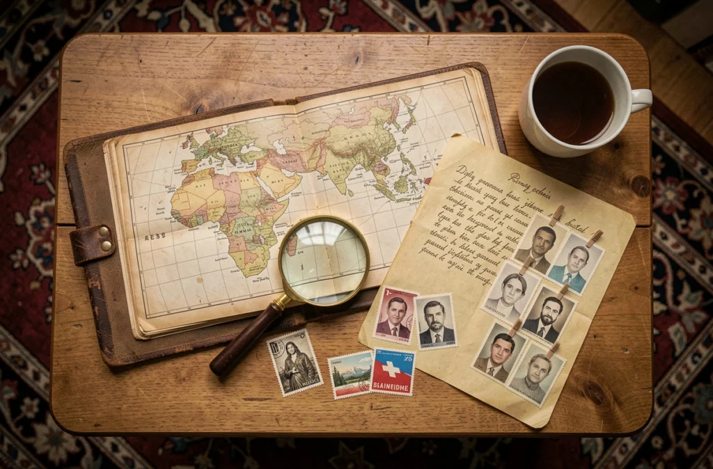 Mise à plat de documents généalogiques incluant un atlas vintage, des notes manuscrites d'arbre familial et des portraits anciens, illustrant la recherche des origines familiales