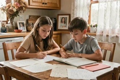 Deux enfants écrivant un poème ensemble pour leur maman décédée, assis à une table en bois avec un cahier ouvert et une photo encadrée en arrière-plan