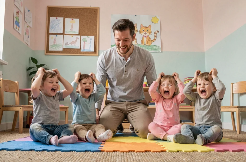 Un enseignant de maternelle apprend la chanson Trois Petits Chats à un groupe de jeunes enfants assis sur un tapis coloré en classe