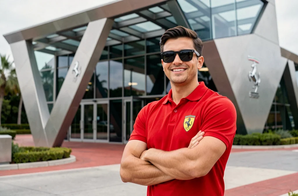 Jeune homme devant l'entrée moderne de Ferrari Land avec architecture contemporaine et logos Ferrari