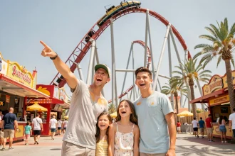 Famille enthousiaste devant un grand manège de montagnes russes dans un parc d'attractions espagnol