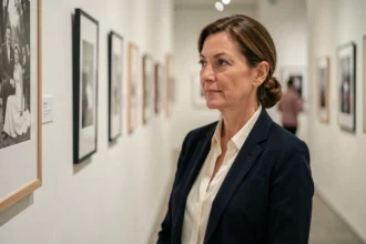 Femme élégante dans la cinquantaine observant des photographies encadrées dans un couloir de galerie d'art, portrait éditorial raffiné