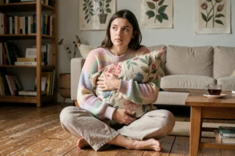Jeune femme adulte assise sur un plancher en bois tenant un coussin, regard introspectif illustrant l'immaturité affective ou l'hypersensibilité