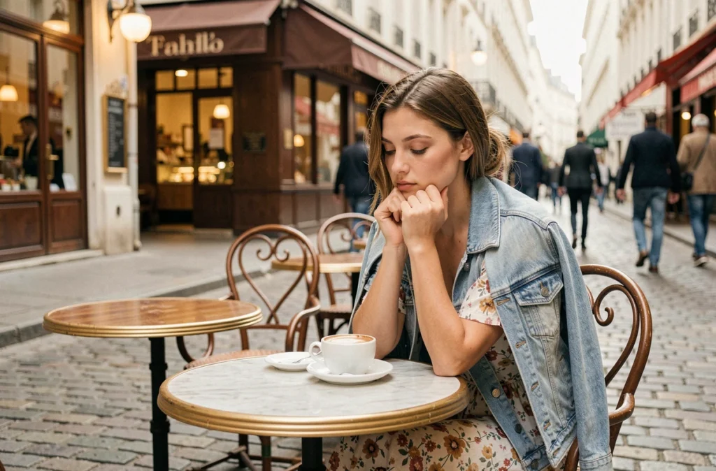 Jeune femme songeuse attablée seule dans un café en terrasse illustrant la vulnérabilité émotionnelle et les traits de la femme enfant