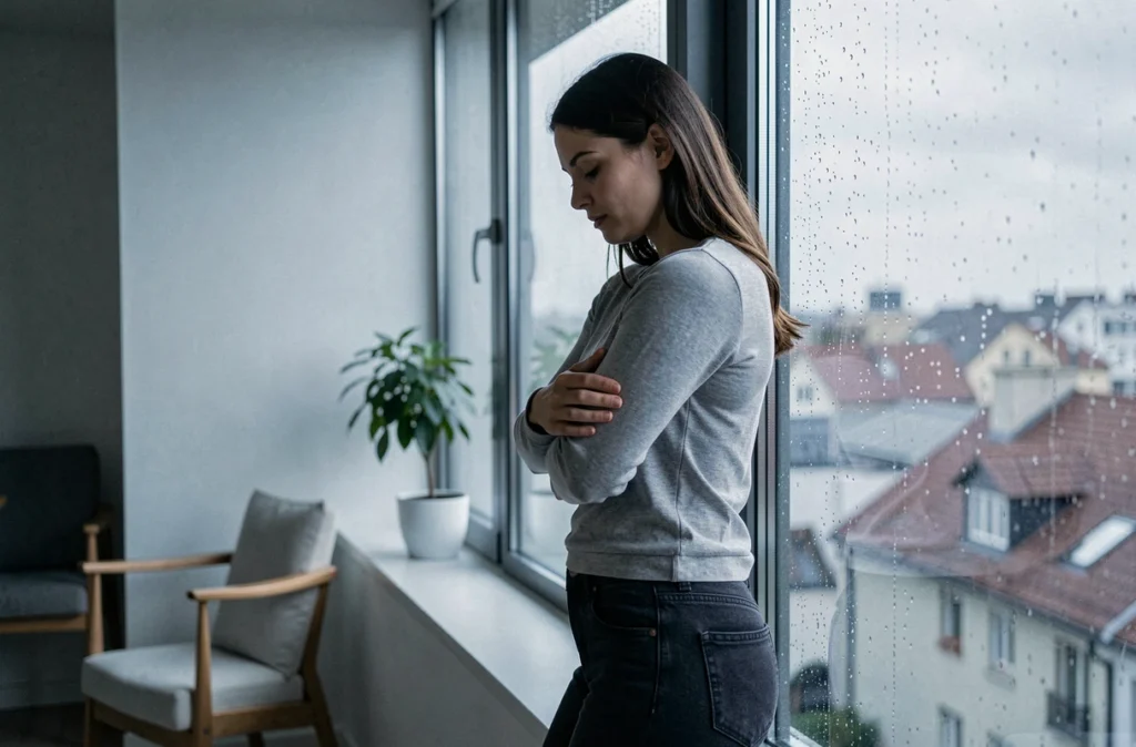 Femme adulte appuyée contre une fenêtre sous la pluie en posture introspective symbolisant la sensibilité émotionnelle et la fragilité affective