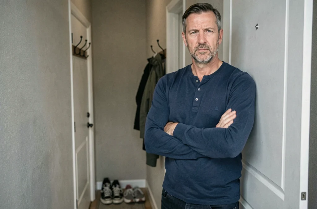 Homme adulte debout près d'une porte entrouverte, les bras croisés, exprimant une distance émotionnelle vis-à-vis de sa mère, symbolisant l'éloignement familial