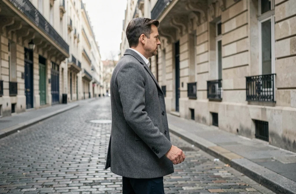 Homme marchant seul dans une rue pavée parisienne, silhouette discrète illustrant une relation gardée secrète