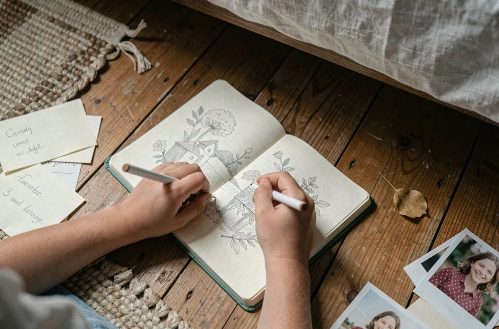 Gros plan sur les mains d'un enfant écrivant un poème dans un carnet illustré en souvenir de sa maman décédée, entouré de petites notes et d'une photo