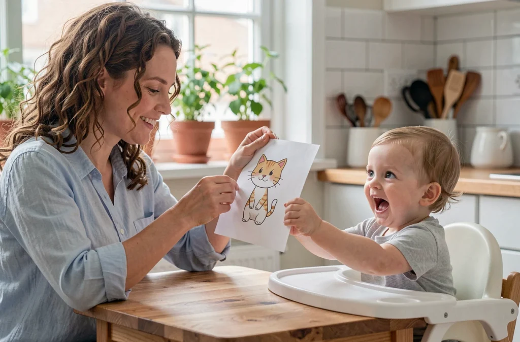 Une maman montre une illustration de chat à son tout-petit pour apprendre la comptine Trois Petits Chats dans une cuisine lumineuse