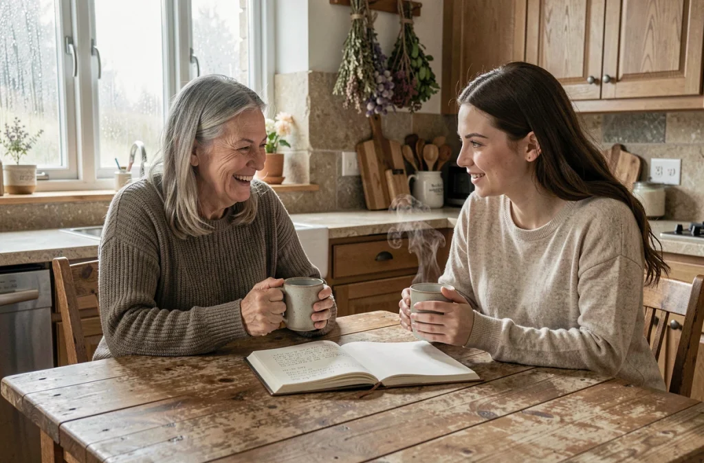 Mère et sa fille adulte partageant un café autour d'un journal, évoquant les citations et proverbes transmis de génération en génération