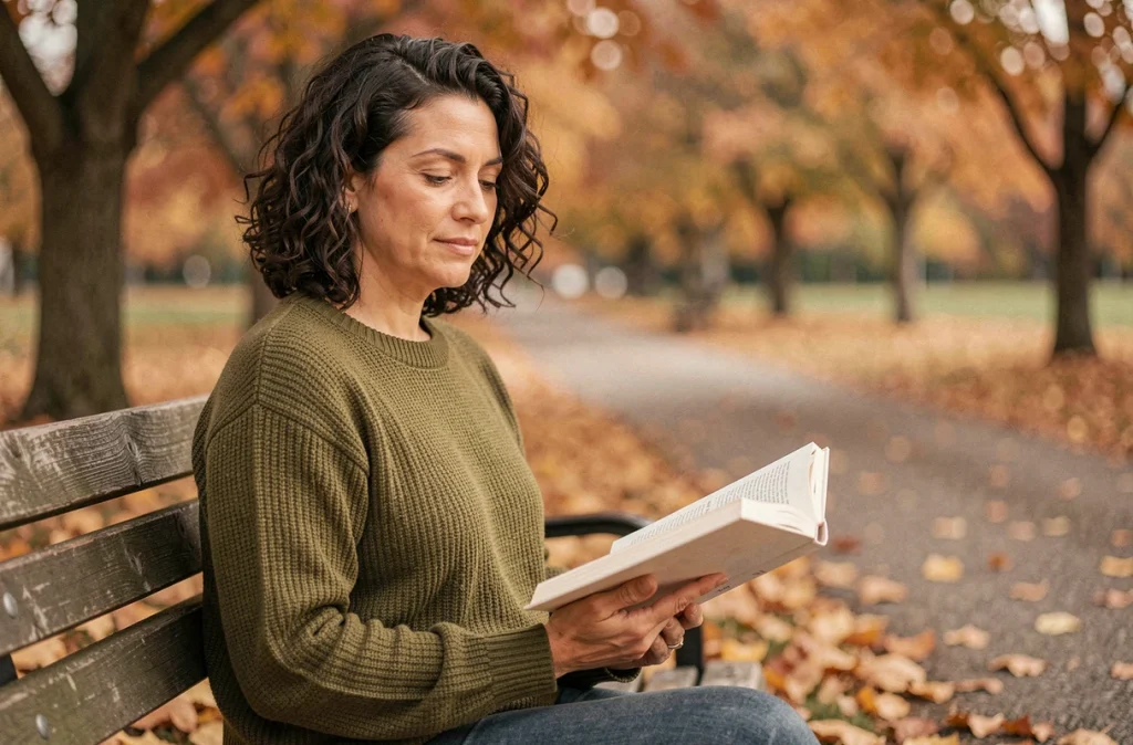 Femme mature lisant dans un parc en automne, symbole de la sagesse maternelle et des proverbes sur la maman