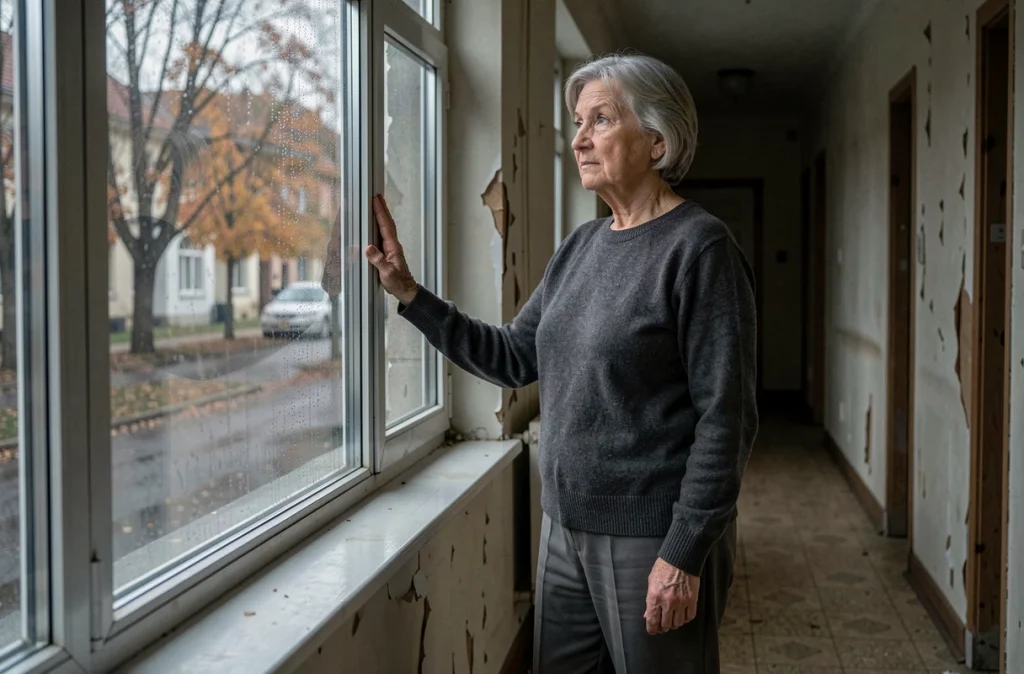 Femme âgée regardant par une fenêtre pluvieuse dans un couloir, expression mélancolique et pensive de parent éprouvé
