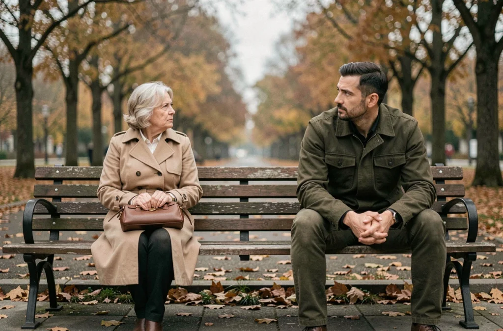Mère et fils adulte assis à deux extrémités d'un banc de parc en automne, regardant dans des directions opposées, symbolisant la rupture du lien familial et le silence entre eux