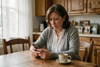 Femme d'âge mûr assise seule à une table de cuisine, regardant son téléphone avec une expression triste, illustrant la rupture de communication avec un fils adulte