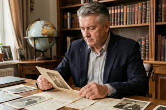 Homme d'âge moyen examinant des photographies de famille anciennes et des lettres manuscrites dans un bureau chaleureux, évoquant la recherche des origines familiales de Darius Rochebin