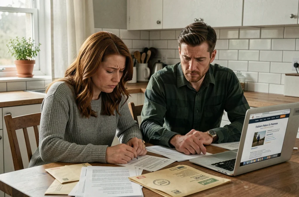 Couple de parents adoptifs consultant des documents officiels à la maison suite aux fraudes de l'agence European Adoption Consultants