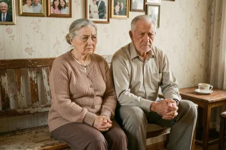 Couple de parents âgés assis ensemble dans un salon modeste, expression de deuil silencieux entourés de photos de famille