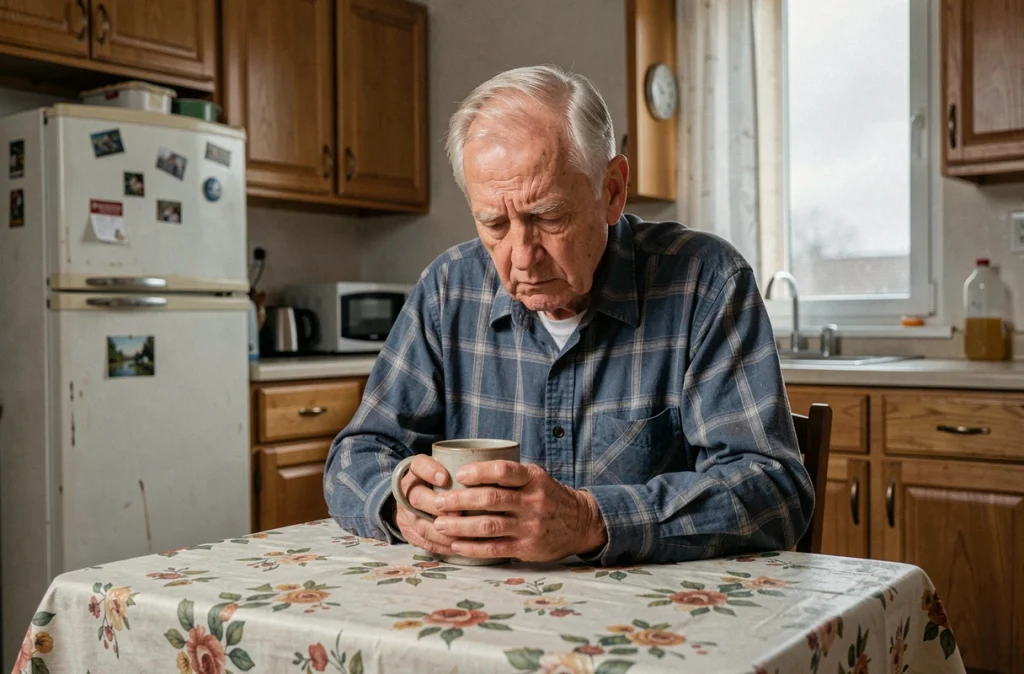 Père âgé assis seul à une table de cuisine modeste tenant une tasse, regard baissé exprimant la douleur silencieuse