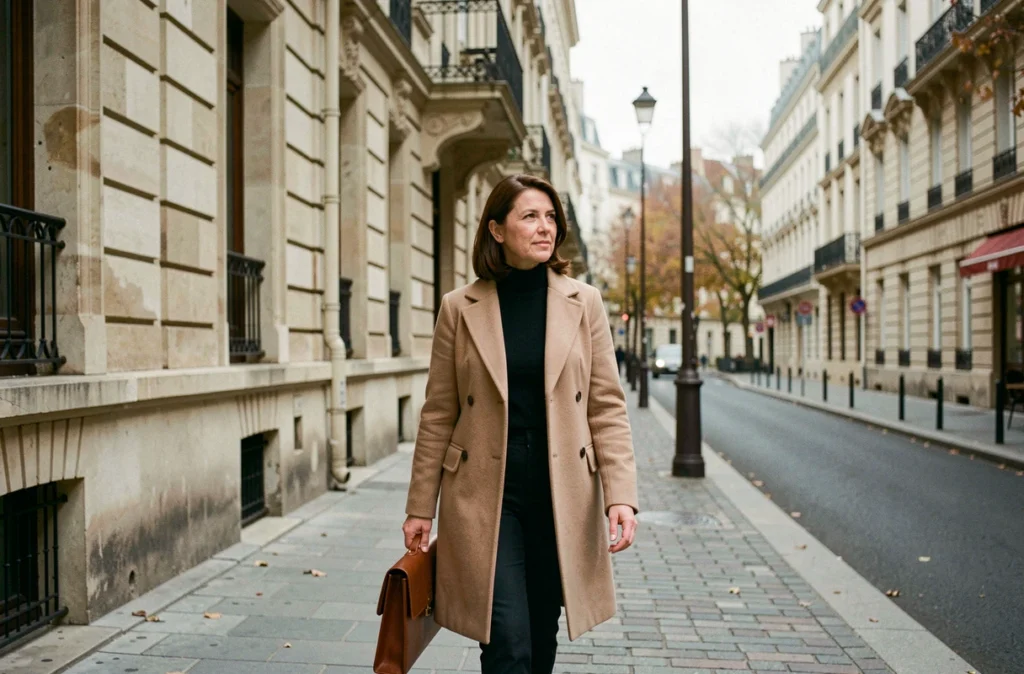 Femme marchant sur un trottoir parisien avec des immeubles haussmanniens en arrière-plan, portrait candide en extérieur