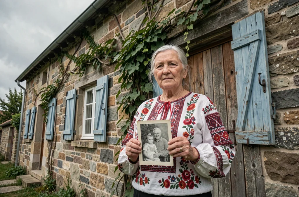 Femme âgée en costume traditionnel d'Europe de l'Est tenant un portrait de famille ancien devant une ferme en pierre, symbole des racines géographiques et culturelles d'une famille