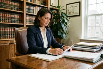 Avocate spécialisée en divorce consultant un dossier juridique dans son cabinet professionnel