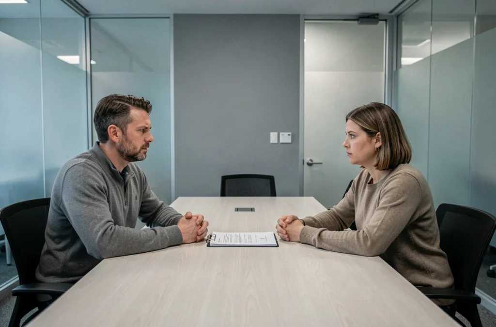 Couple en procédure de divorce lors d'une consultation juridique dans un cabinet d'avocats moderne