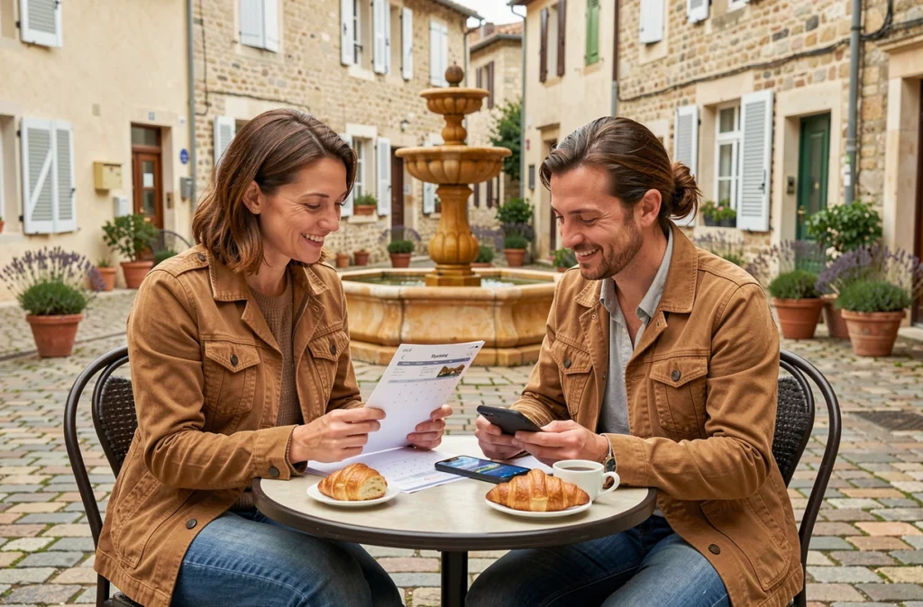 Couple planifiant un voyage en France pendant les ponts et jours fériés 2025-2026 pour économiser