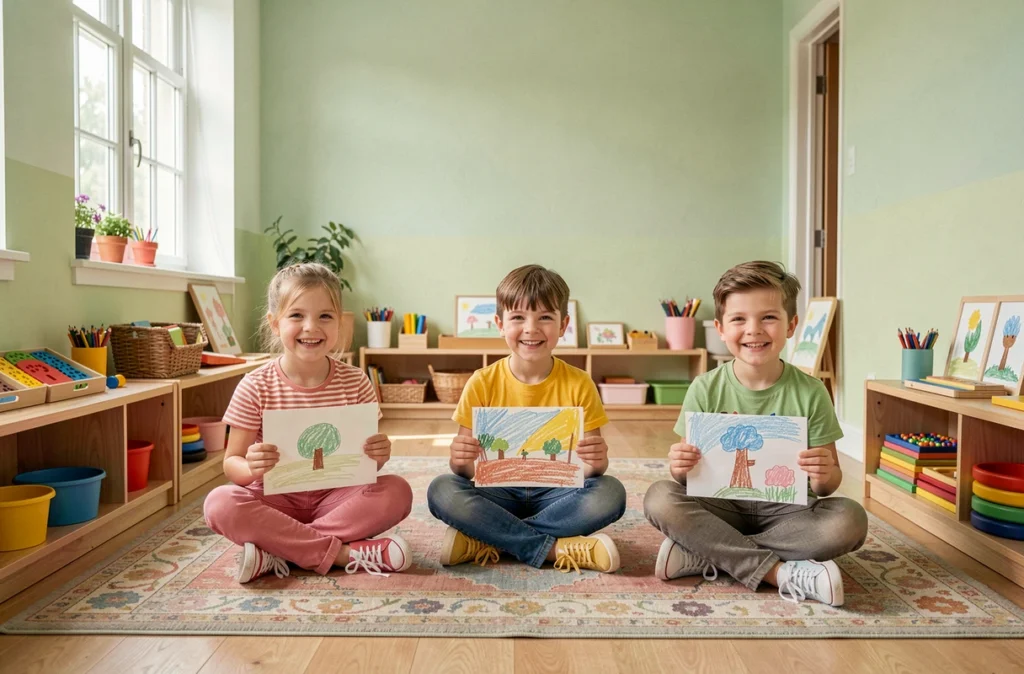 Enfants de l'école Crayons de Miel tenant leurs dessins dans une salle de classe colorée et créative