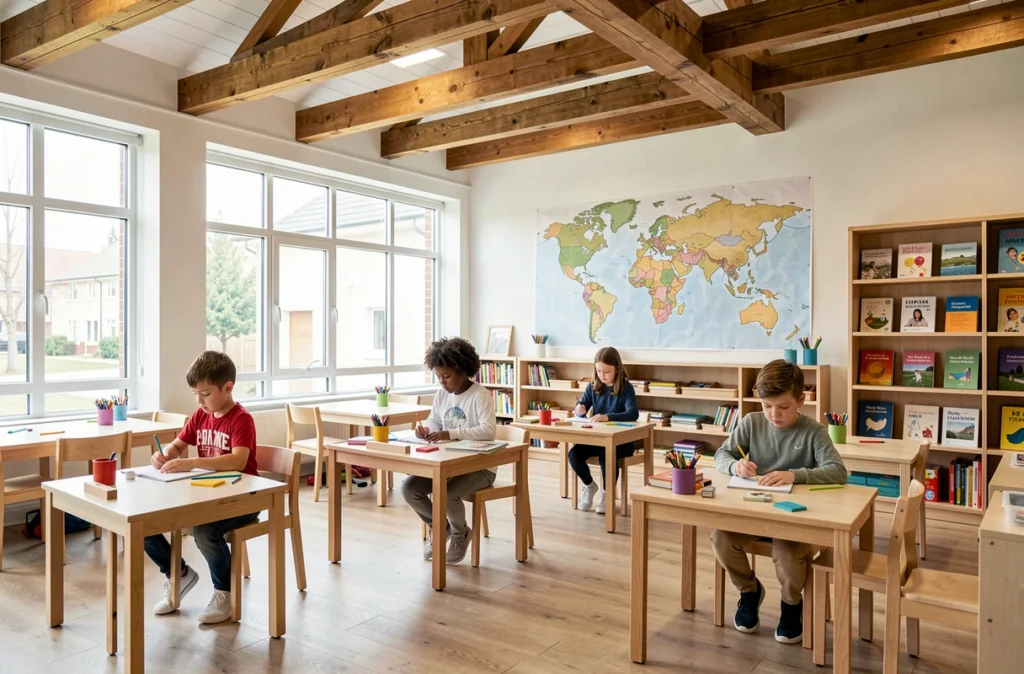 Élèves de l'école Maria Montessori internationale travaillant de façon autonome dans une salle de classe ouverte et bilingue