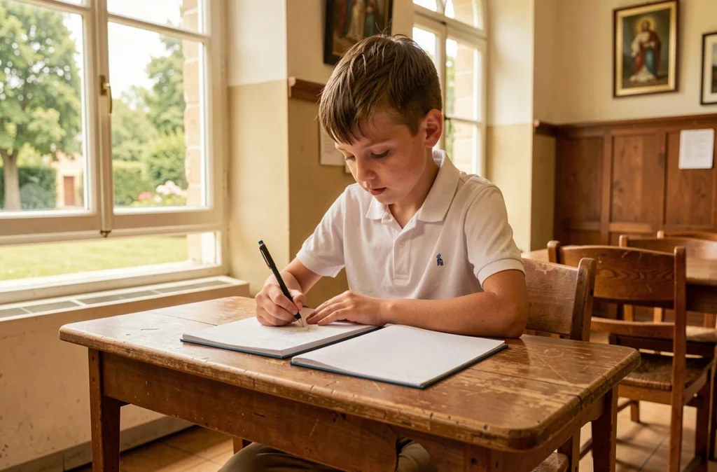 Élève de l'école primaire Jeanne d'Arc de Brunoy écrivant dans son cahier dans une salle de classe traditionnelle